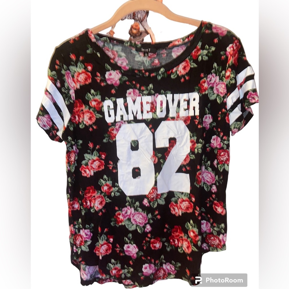 Black Floral Game Over t-shirt with two white stripes on both sleeves